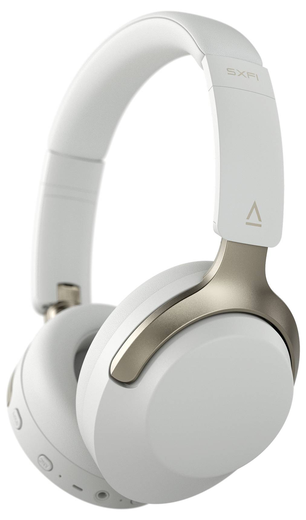 Witte over-ear koptelefoon met gouden accenten, moderne stijl, met de nadruk op comfort en geluidskwaliteit.