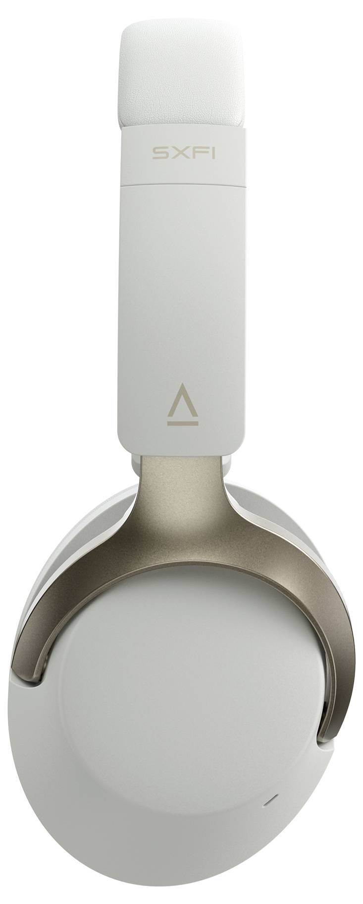 Een witte over-ear koptelefoon met gouden accenten en de tekst 'SXFI' aan de buitenkant van de beugel.