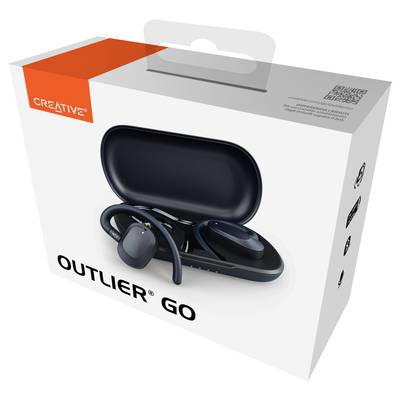 Verpakking van de Creative Outlier® Go koptelefoon. Toont draadloze oordopjes in een zwarte oplaadcase.
