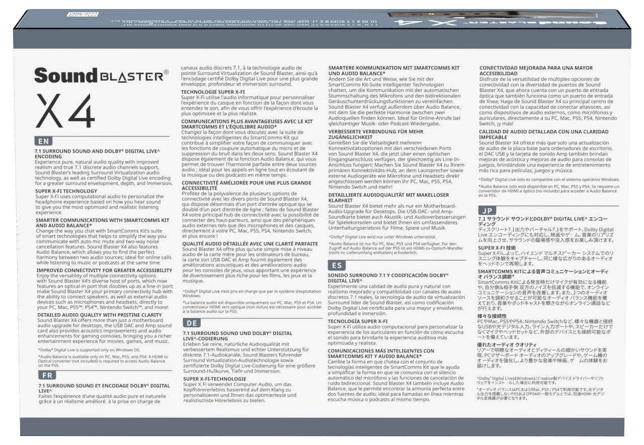 'Sound Blaster X4' verpakking toont technische details en functies in meerdere talen. Belangrijkste kenmerken: geluidskwaliteit, connectiviteit, ondersteuning voor Dolby.