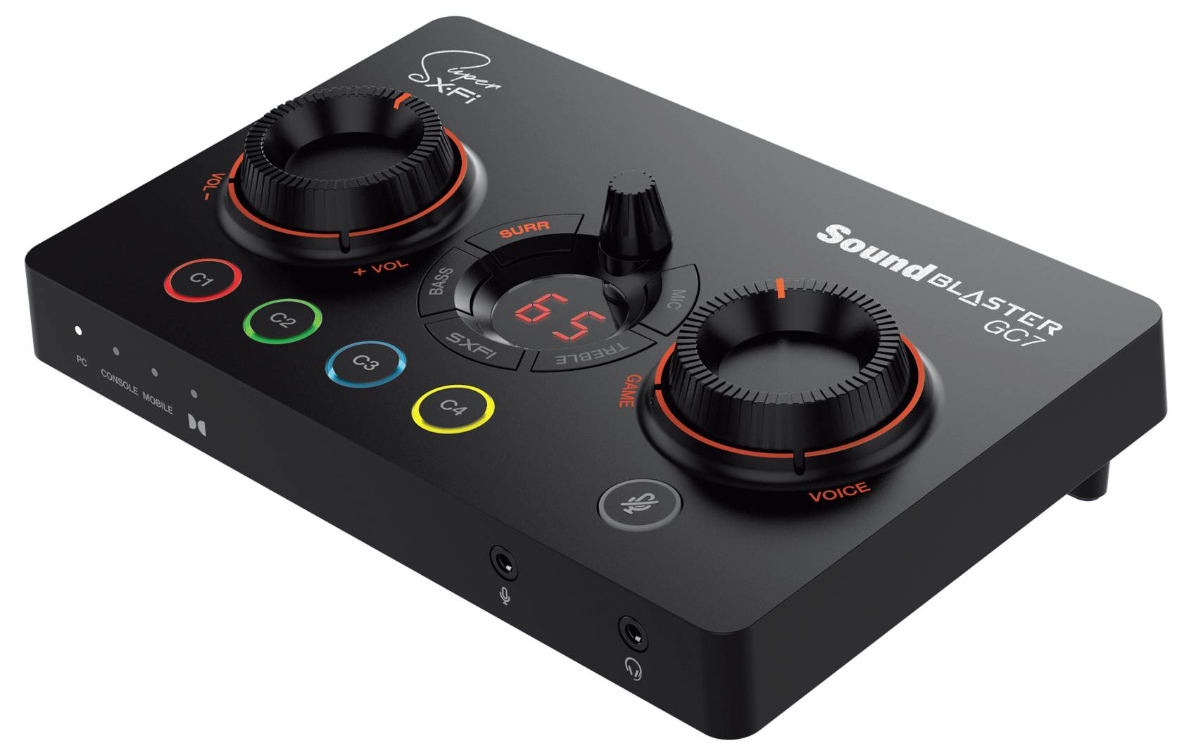 Een zwarte soundmixer met twee grote draaiknoppen, toetsen voor volume en stem, en een digitaal display dat '65' weergeeft.