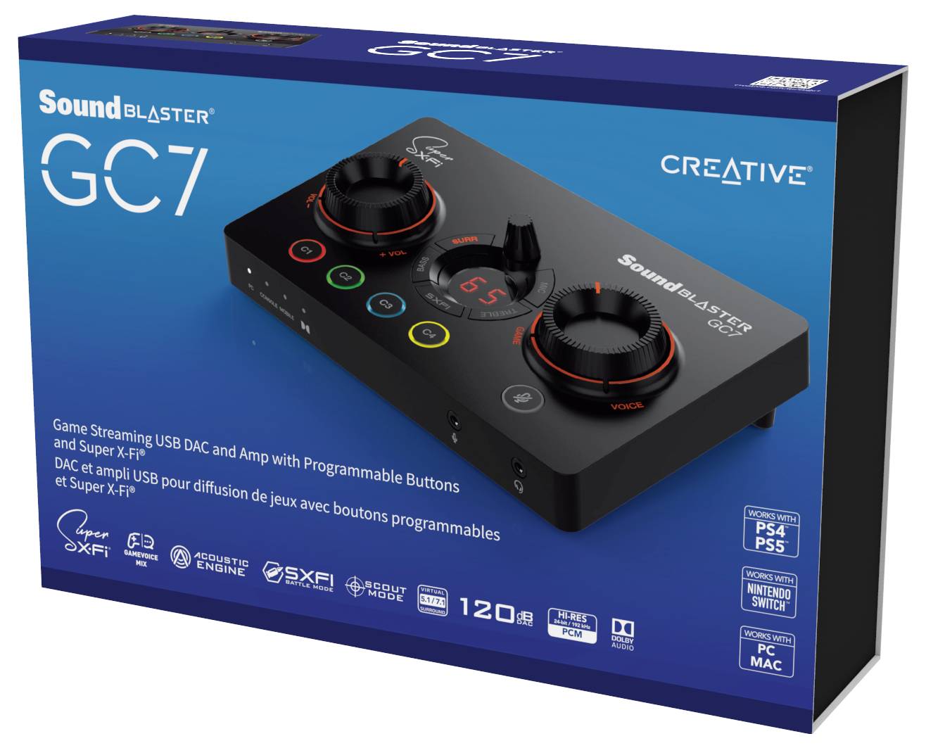 Sound Blaster GC7, USB-DAC en -versterker met programmeerbare knoppen, geschikt voor gamingconsoles PS4, PS5 en PC.
