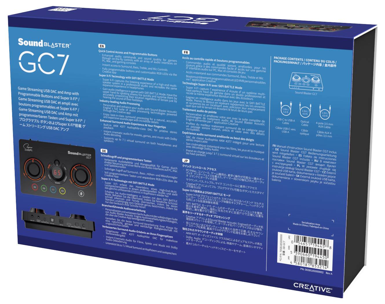 'Achterkant van de verpakking van een Creative Sound Blaster GC7 geluidskaart. Bevat technische specificaties en functies in het Engels en andere talen.'