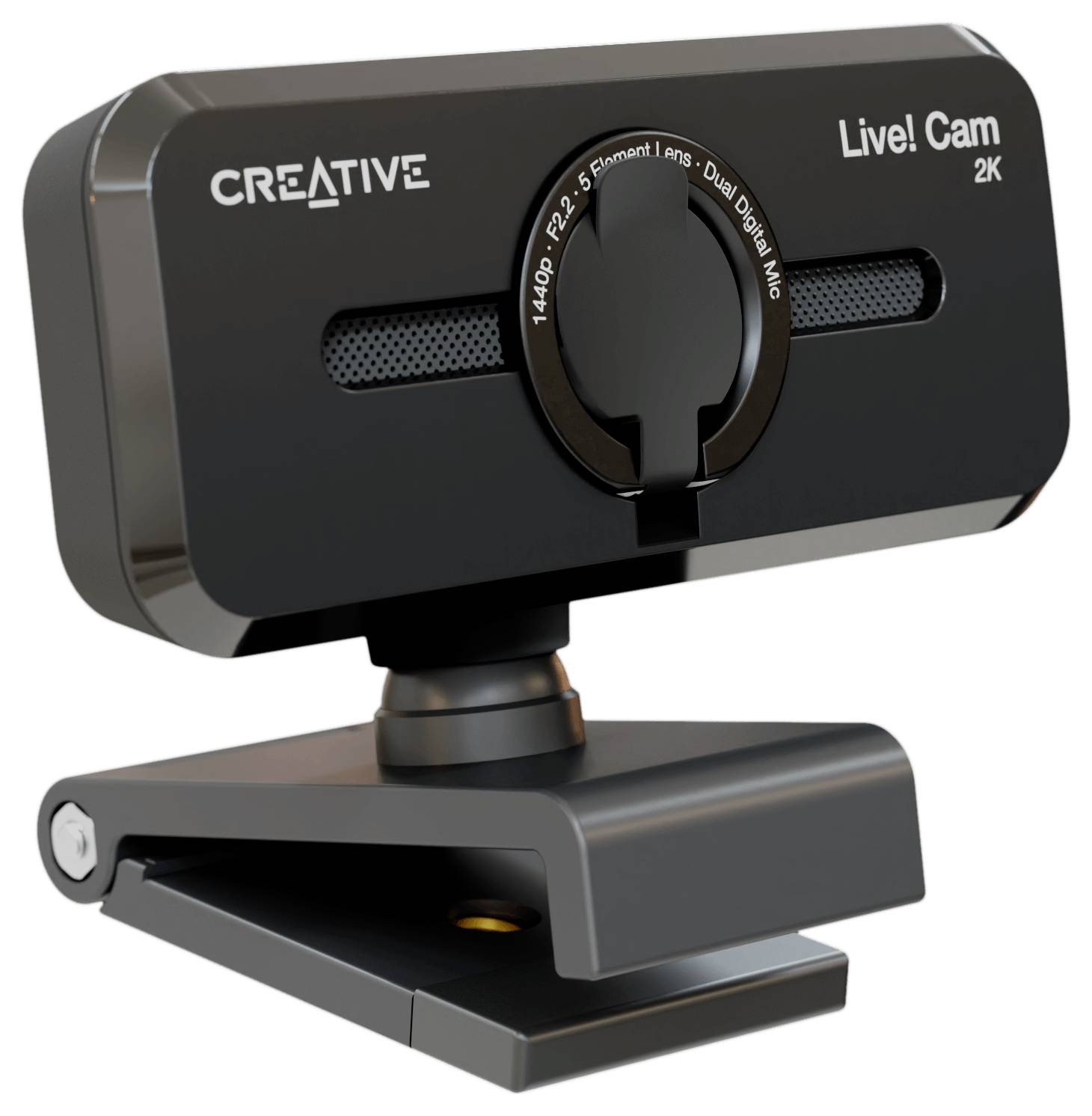 Een zwarte webcam met het opschrift 'Creative Live! Cam 2K'. Hij heeft een verstelbaar scharnier en is ontworpen voor video's in hoge resolutie.