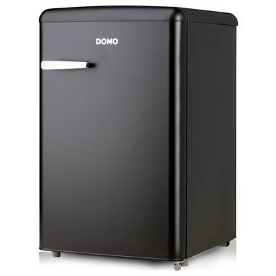 Zwarte, compacte retro-koelkast met zilveren greep en onzichtbaar 'DOMO'-logo bovenaan de deur.