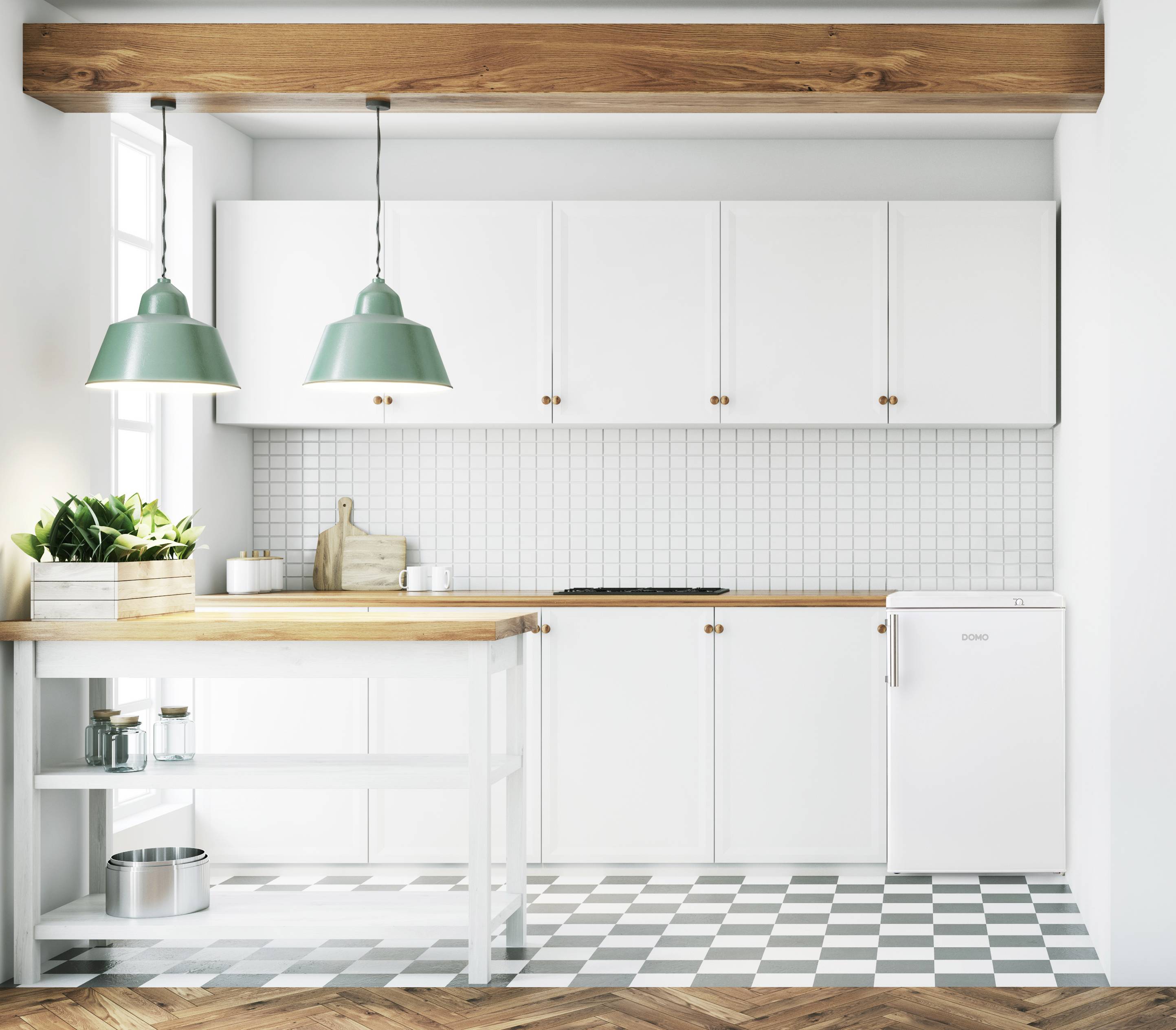 Een moderne keuken met witte kasten, houten elementen, groene hanglampen en potplanten op het aanrecht. Verzorgd, licht design.