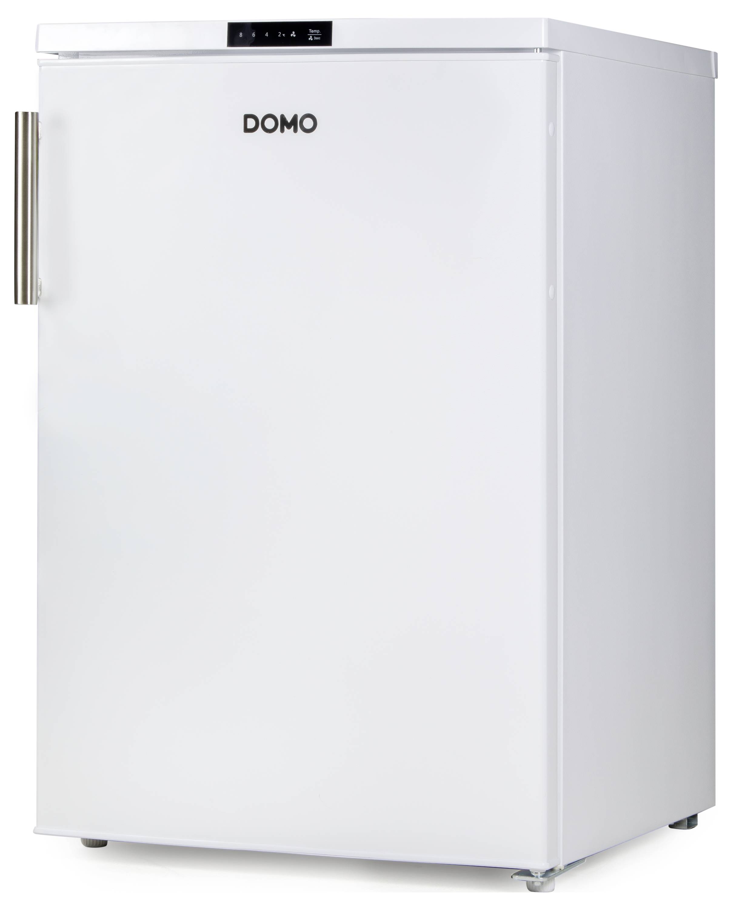 Witte koelkast met rvs-handgreep, met het 'DOMO'-logo op de deur. Geschikt voor het bewaren van voedingsmiddelen.