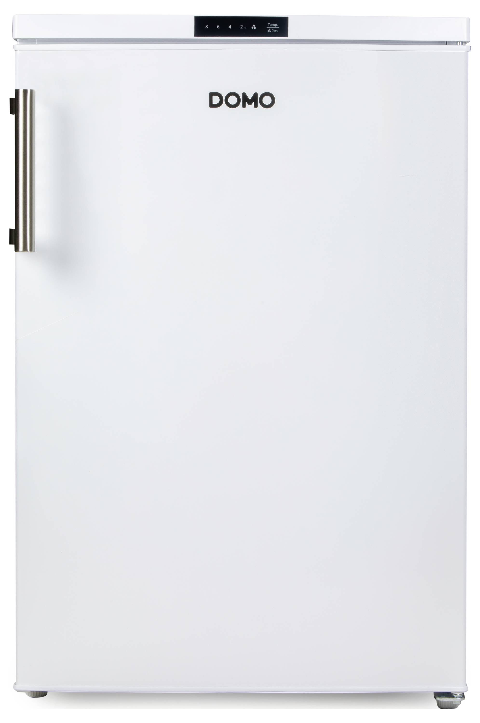 Een witte koelkast met een handgreep, oppervlak zonder zichtbare details. Bovenaan bevindt zich een zwarte weergavebalk met het opschrift 'DOMO'.