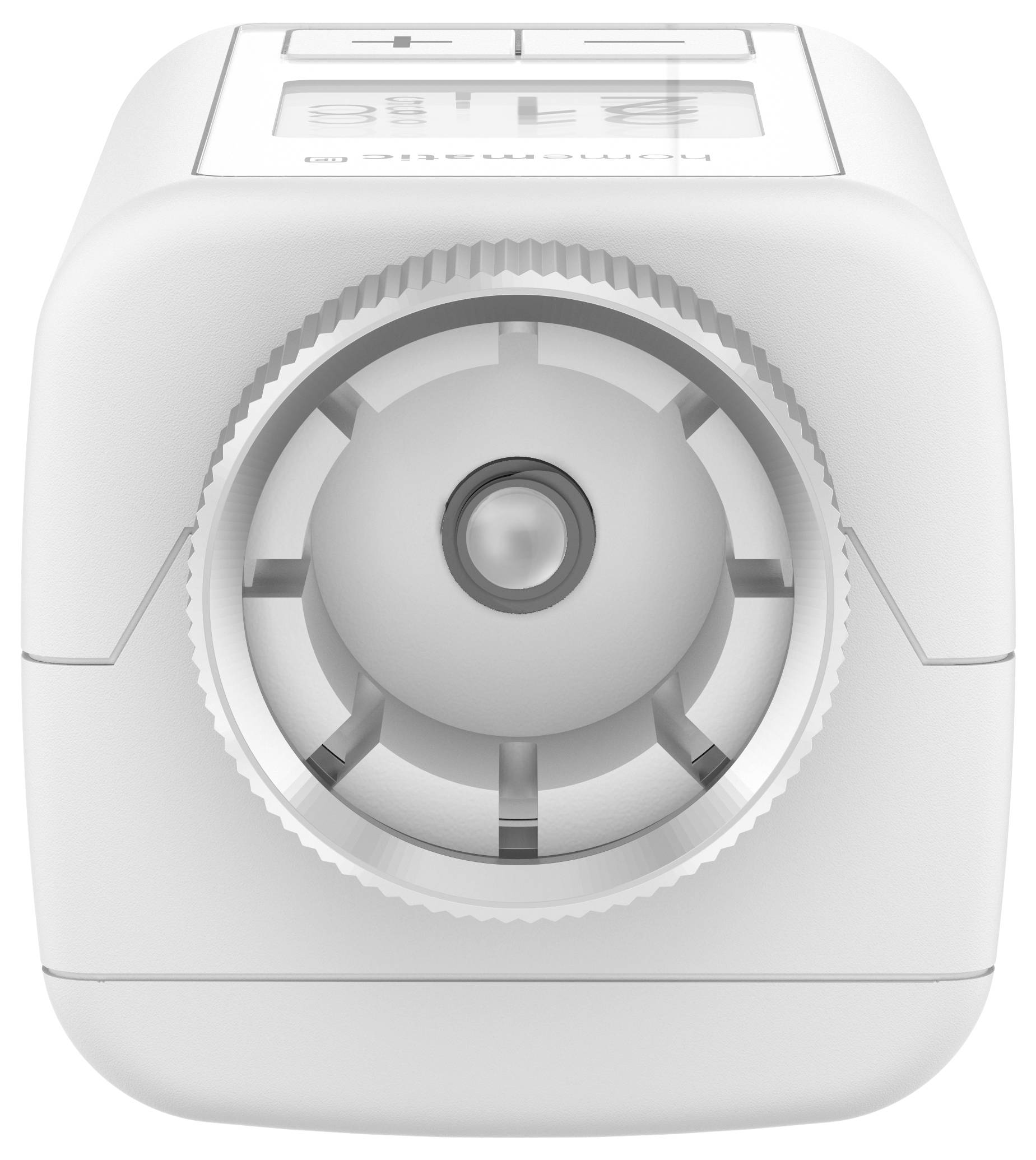 Wit, elektronisch radiatorthermostaat met digitaal display bovenaan. Toont de huidige temperatuur en bedieningselementen voor verwarmingsregeling.