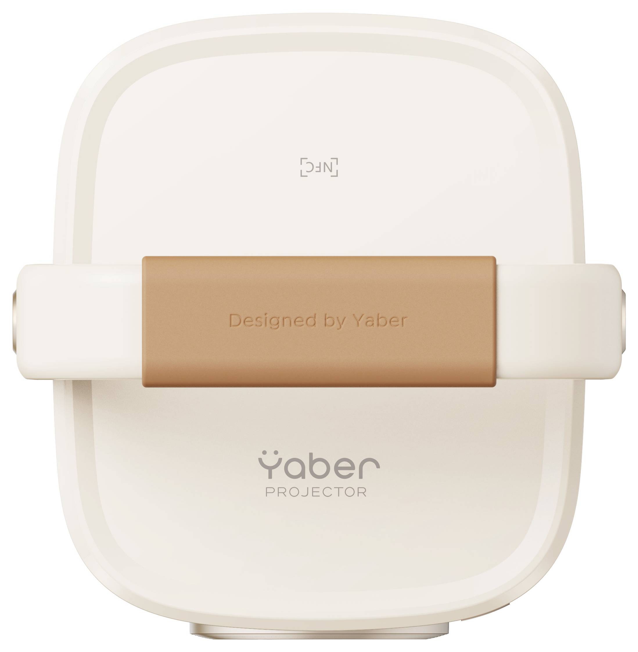 Een witte projector met een bruine handgreep, waarop staat 'Designed by Yaber'.