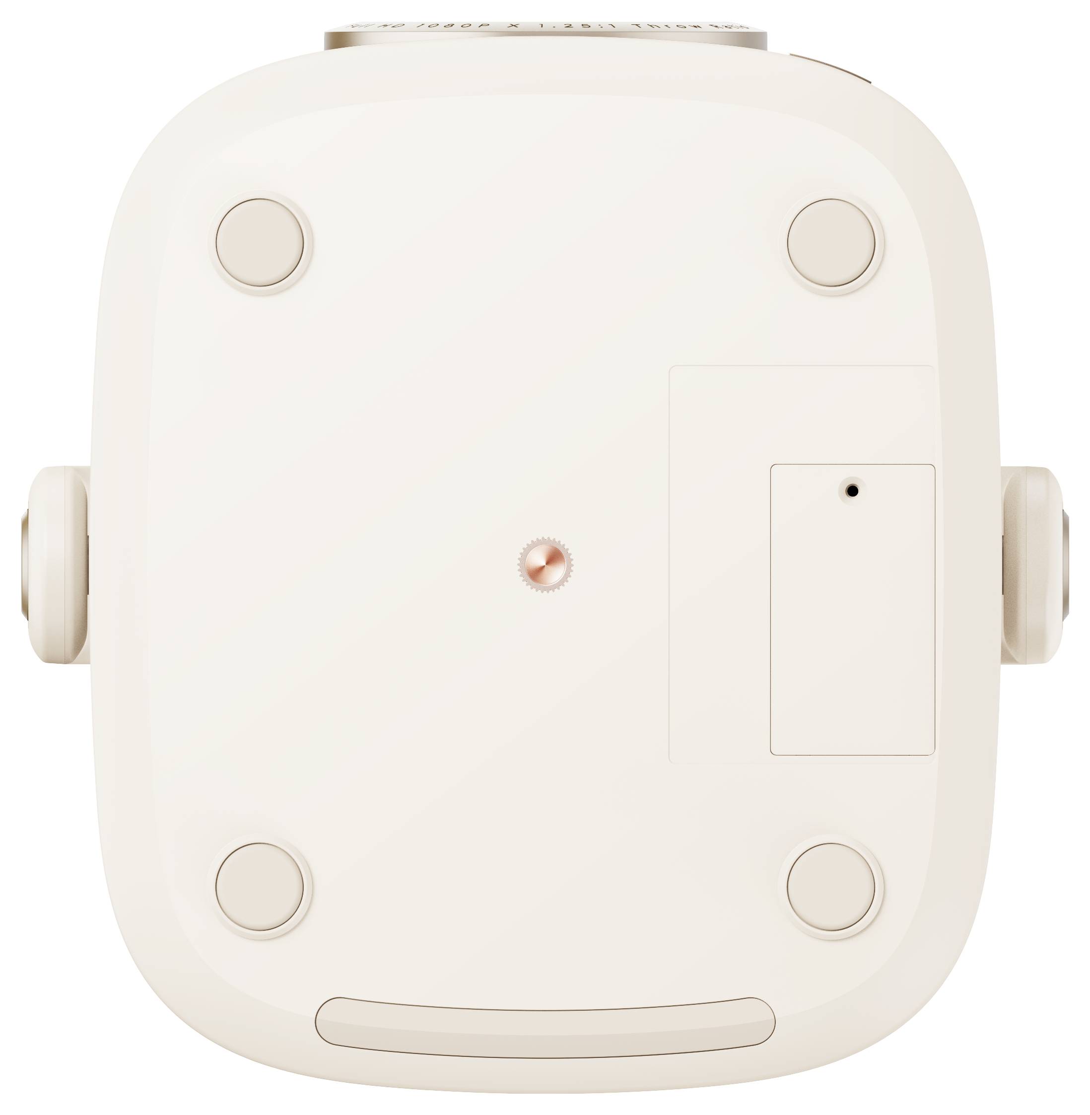 Een robotachtig apparaat met zijdelingse wielen, sensoren en een klep aan de onderkant, waarschijnlijk bedoeld voor reinigingsdoeleinden.