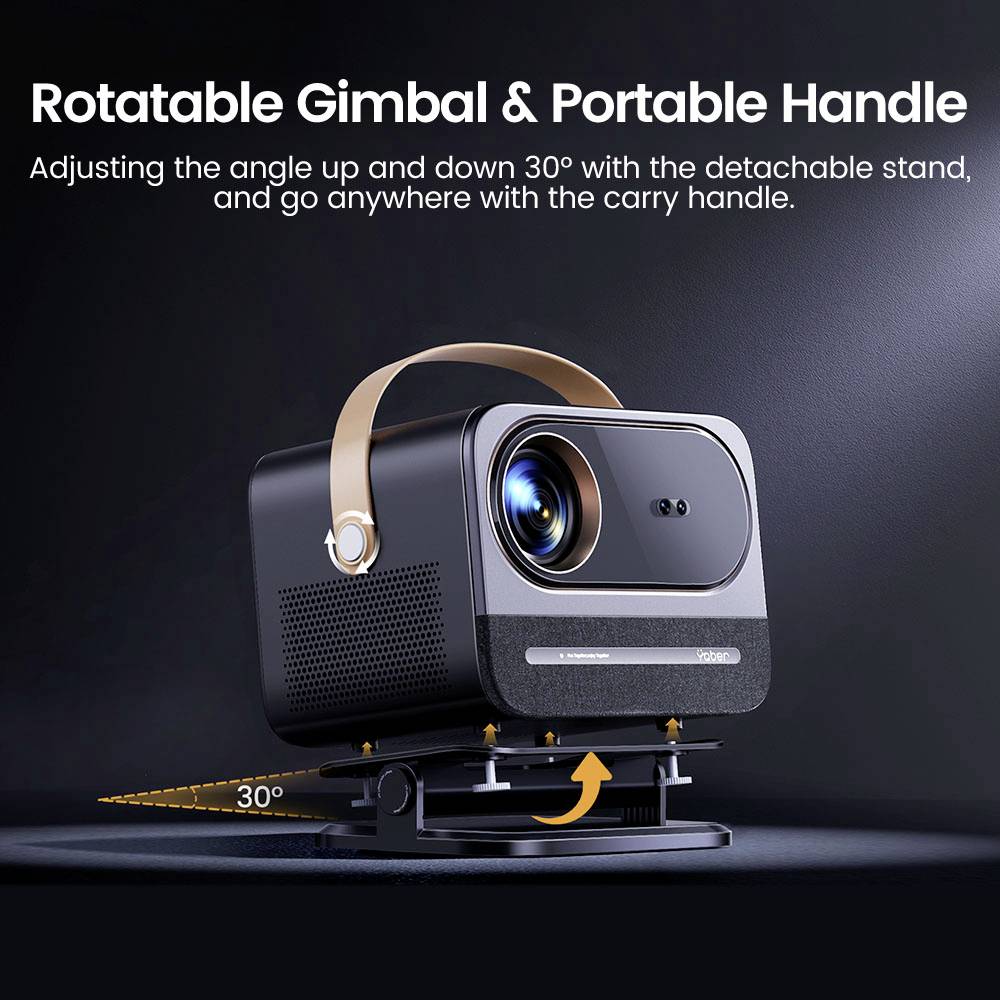 Draagbare projector met roterende gimbal, kantelhoek tot 30°, afneembare standaard, handgreep; ideaal voor flexibel gebruik.