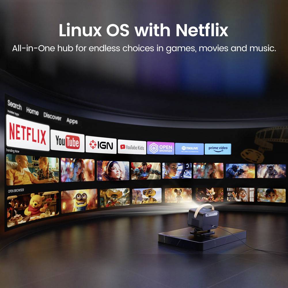 Een ruimte met een gebogen scherm toont streaming-apps zoals Netflix en YouTube. Een VR-headset is voor het scherm zichtbaar.