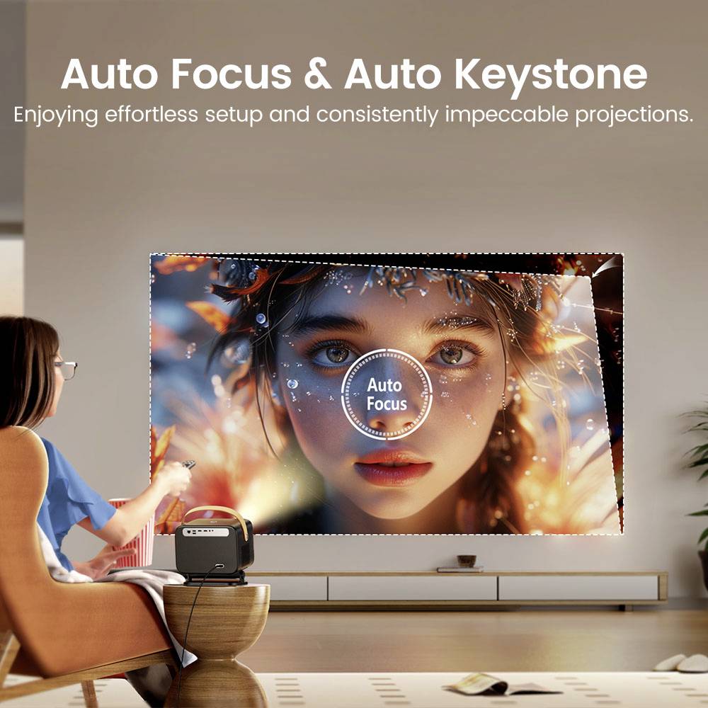 Een persoon bedient een projector die een afbeelding van een vrouw op de muur projecteert. Tekst bovenaan: 'Auto Focus & Auto Keystone'.