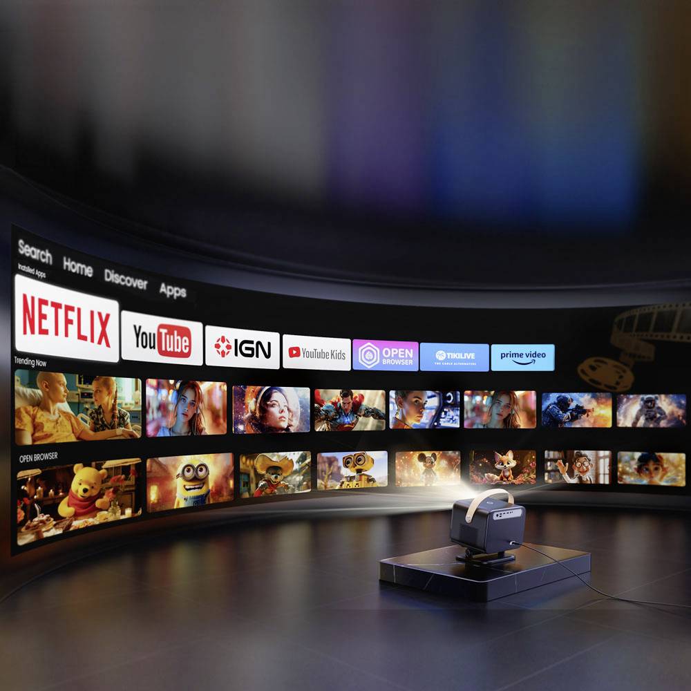 Beeld van een modern thuisbioscoop met een enorm, gebogen scherm. Op het scherm zijn streamingdiensten en films te zien.