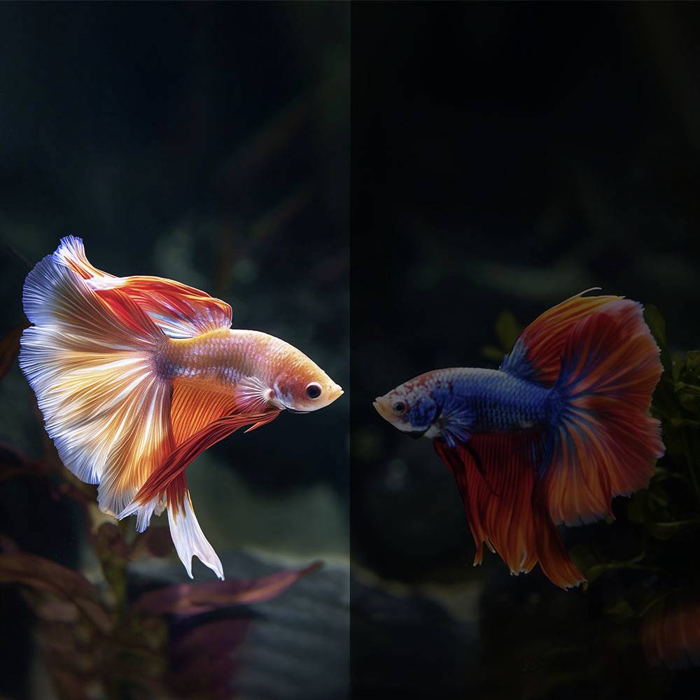 Twee Betta-vissen met fel rode, blauwe en witte vinnen zwemmen naast elkaar voor een donkere achtergrond.