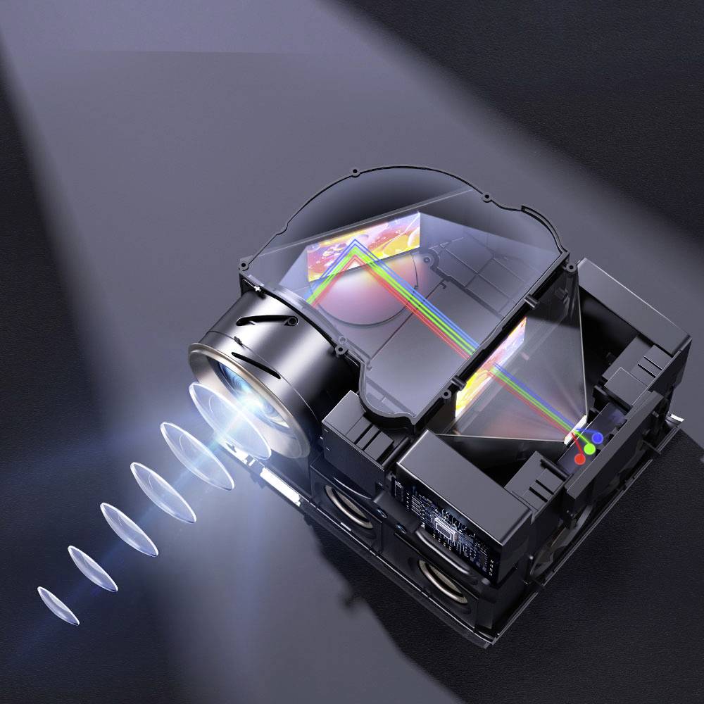 Beeld van een optisch systeem of projector met lichtstralen en prisma's die het licht ontleden in spectrale kleuren.