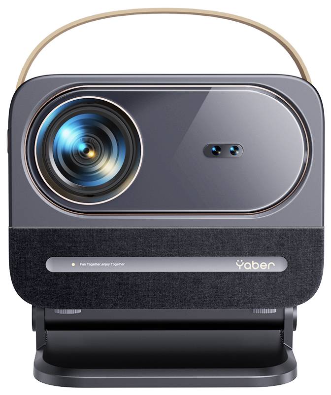 Een moderne, grijze projector met een groot objectief en een draaggreep. De merknaam 'Yaber' is rechtsonder afgedrukt.