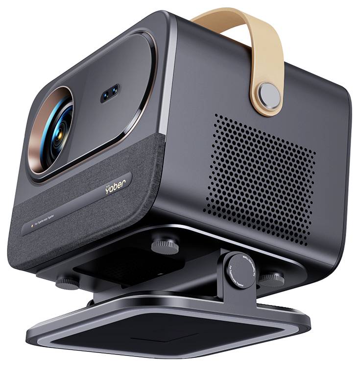 Een draagbare zwarte projector met lederen handgreep, zijdelingse lens en ventilatiesleuven. De projector is gemonteerd op een draaibare voet.