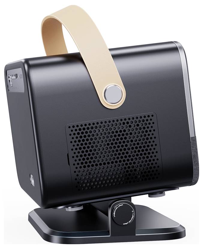 Een draagbare, zwarte projector met ventilatiesleuven en een leren handgreep, gemonteerd op een draaibare standaard.