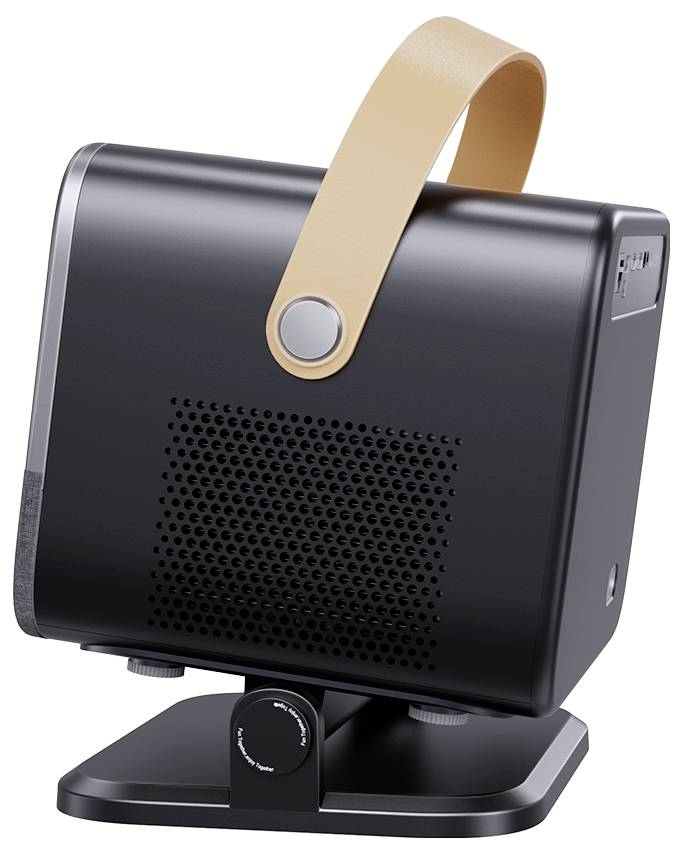 Een zwarte computer of apparaat met een grote, lichtbruine draaggreep. Het staat op een draaibare voet met een draaiknop.