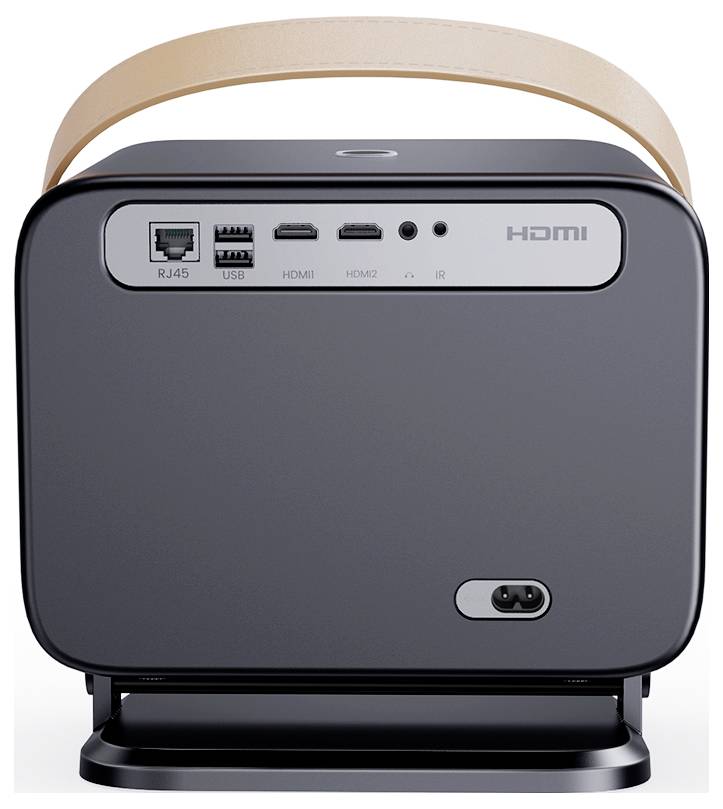 Een draagbare projector met een handgreep bovenaan. De achterkant toont aansluitingen voor RJ45, USB, HDMI en IR.