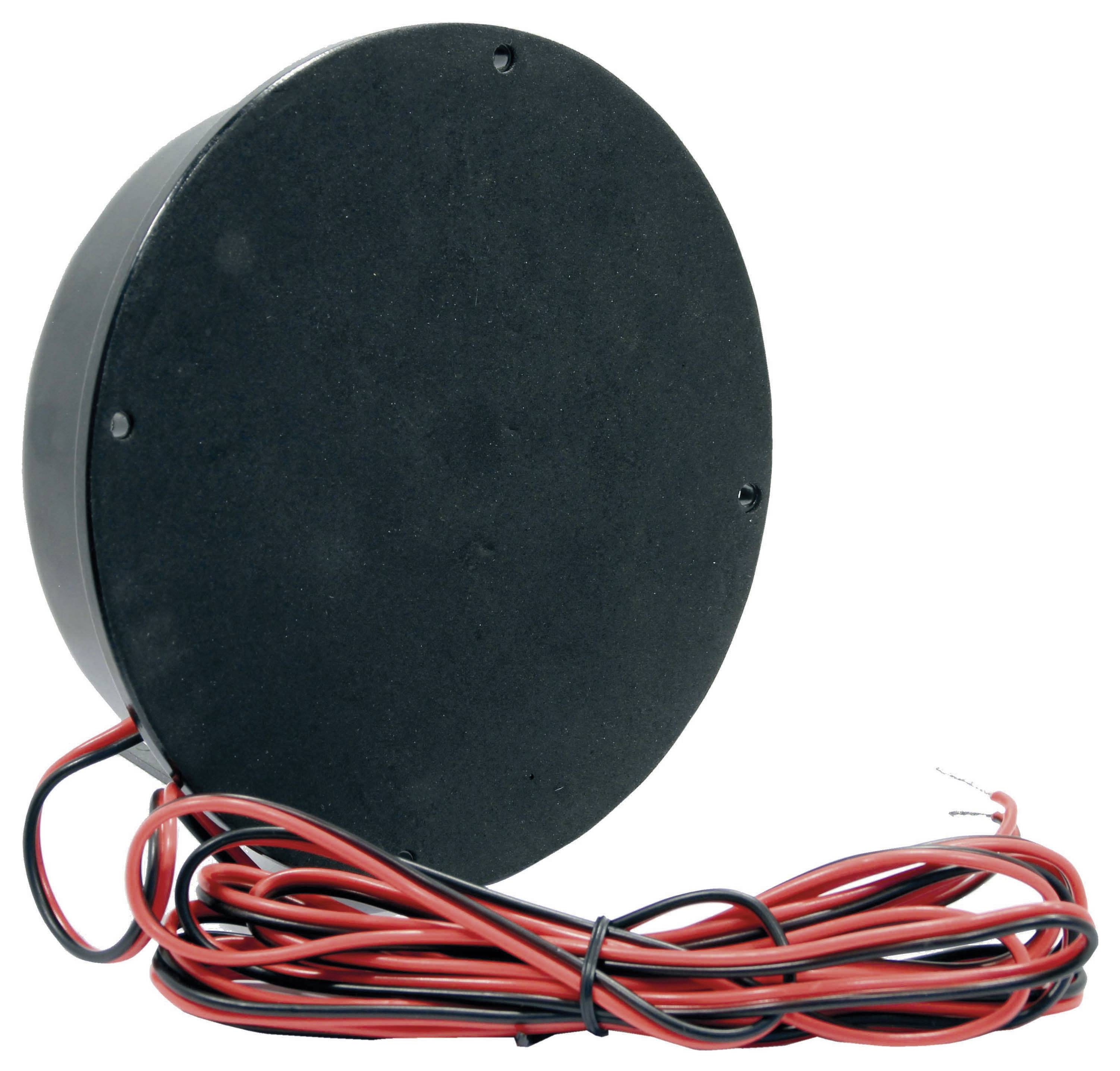 Een ronde, zwarte elektrische transformator met twee rode en zwarte kabels die uitsteken.