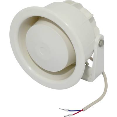 Een witte, ronde plafondluidspreker met twee uitstekende kabels.