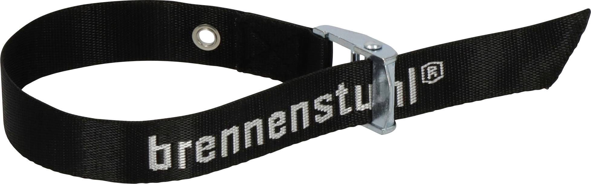 Zwarte geweven riem met zilveren metalen gesp, met het merk 'brennendst...' in witte tekst.