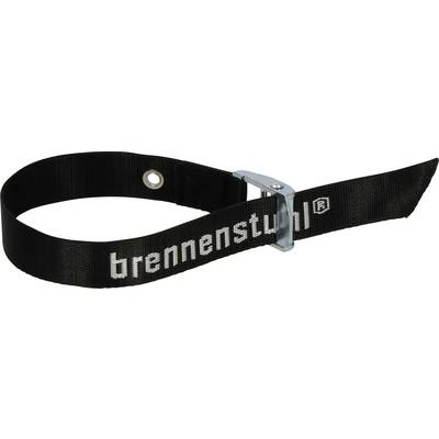 Zwarte geweven riem met zilveren metalen gesp, met het merk 'brennendst...' in witte tekst.