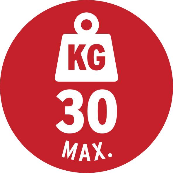Rood bord met wit symbool van een gewicht, opschrift 'KG 30 MAX.', betekent maximale draagkracht van 30 kilogram.