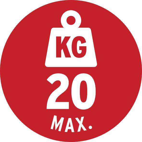 Rood bord met de tekst 'KG 20 MAX.', geeft de maximale draagcapaciteit van 20 kilogram aan.