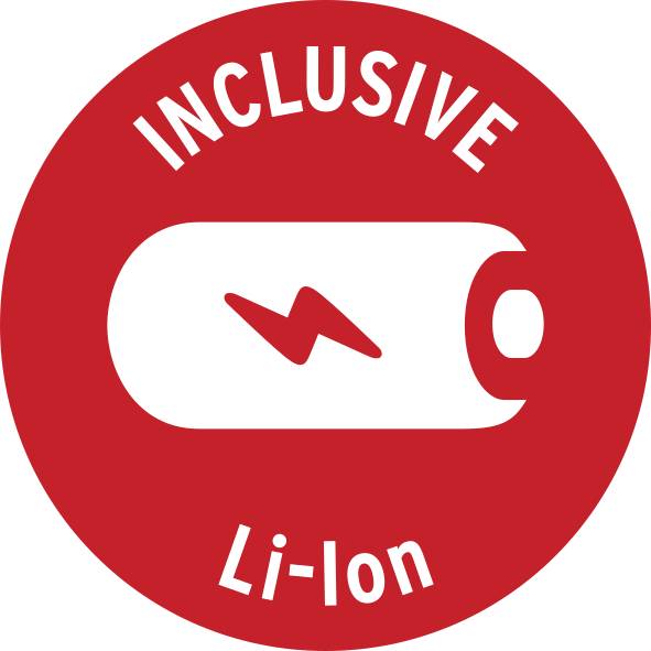 'Inclusief Li-Ion' op een rode cirkel met batterijsymbool in het midden.