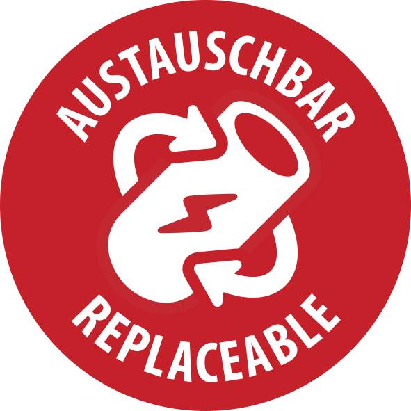 'Cirkelvormig pictogram met pijlen die recycling suggereren, met de woorden "Uitwisselbaar" en "Replaceable" in het wit op een rode achtergrond.'