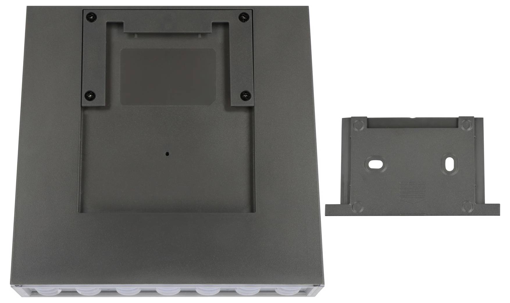 Een rechthoekig, grijs LED-module met een afneembare montagebeugel, geschikt voor buitengebruik.