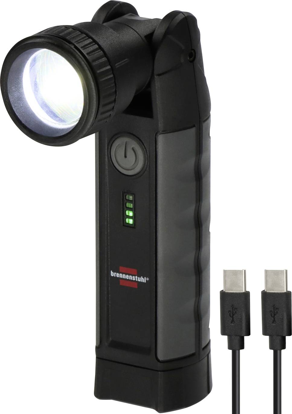 Zwart draagbaar LED-werklicht met zwenkbare kop, aan-uitknop, batterij-indicator en twee USB-oplaadkabels ernaast.