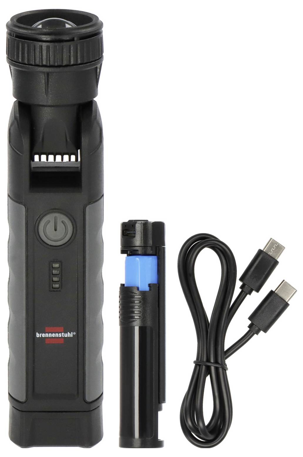 Zwarte oplaadbare LED-zaklamp met ingebouwde aan/uit-knop, afgebeeld met batterij en USB-oplaadkabel.