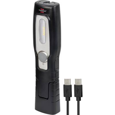 Zwarte draagbare oplaadbare LED-werklamp met ingebouwde USB-oplaadkabel, afgebeeld samen met de stekkeruiteinden.