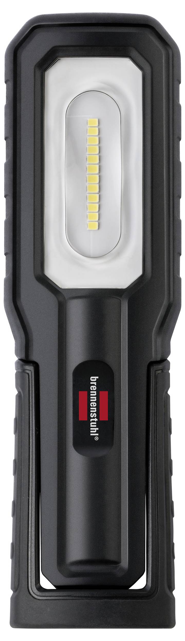 Zwart handheld LED werklicht met meerdere gele LED-lampen in een rechthoekige behuizing.