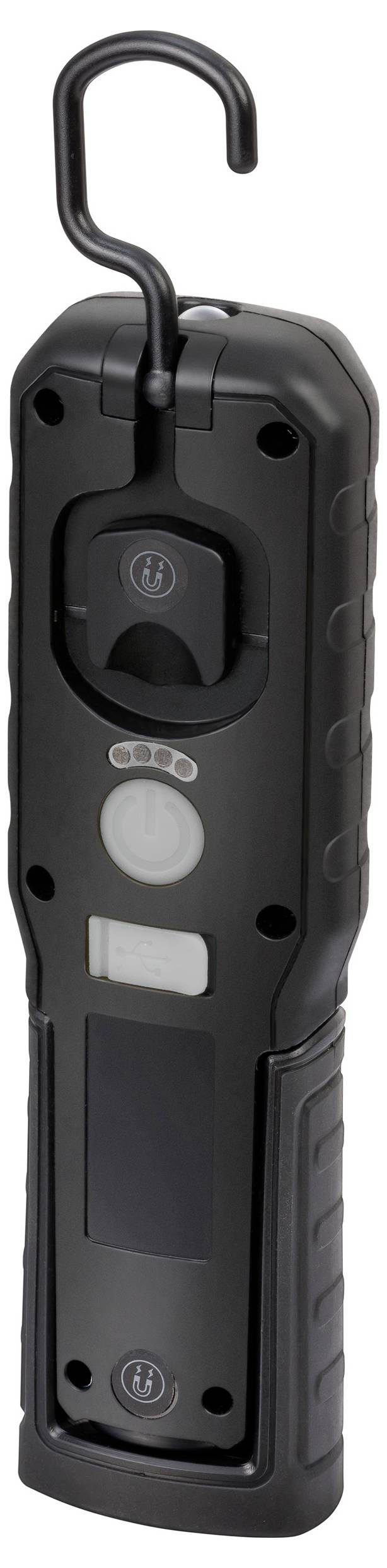 Zwarte draagbare zaklamp met haak, voorknop voor stroomvoorziening, indicatorlampjes voor batterijstatus en afneembare voet.