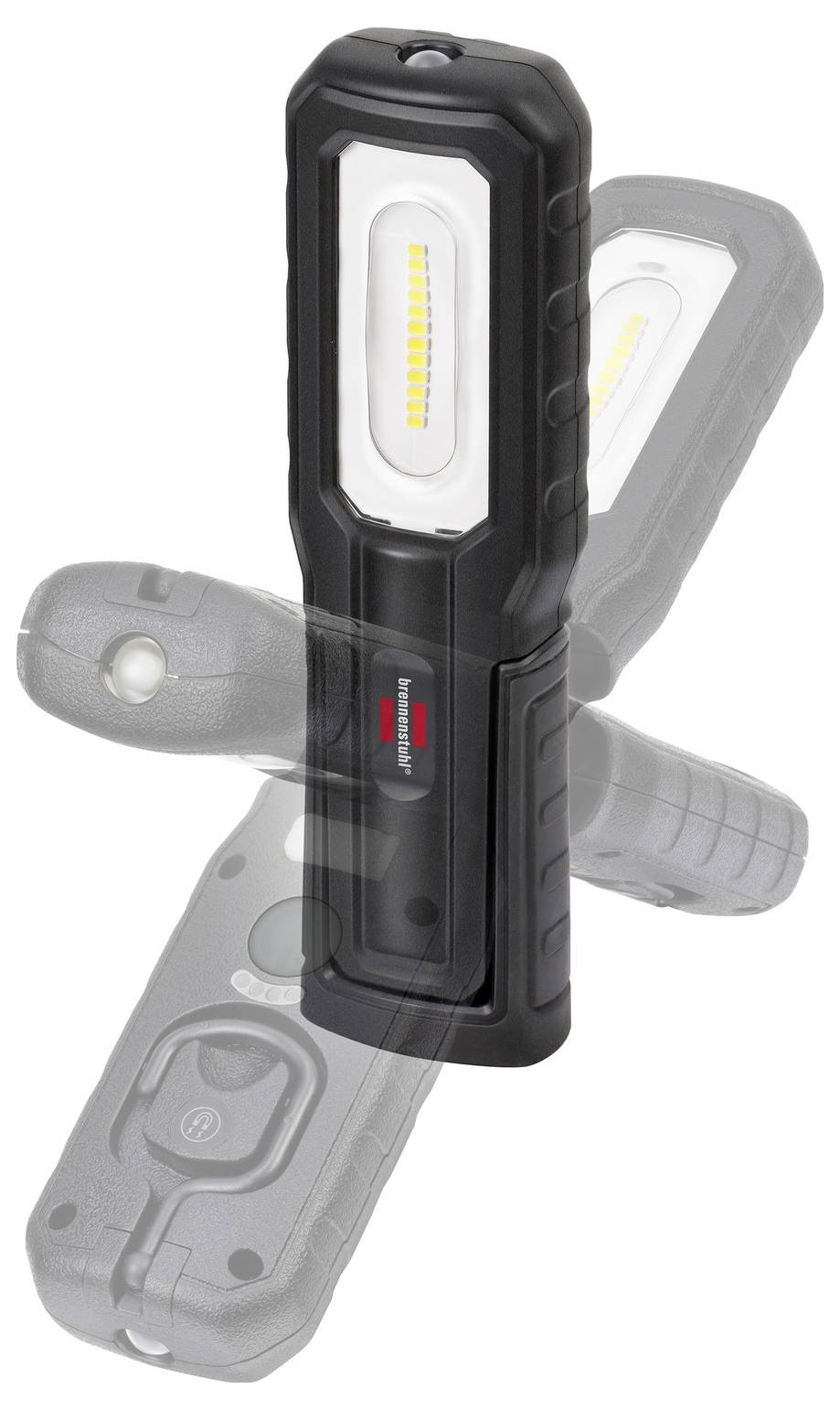 Zwart oplaadbaar LED-werklicht weergegeven in vooraanzicht, met doorschijnende overlays die meerdere hoeken van dezelfde zaklamp aangeven.