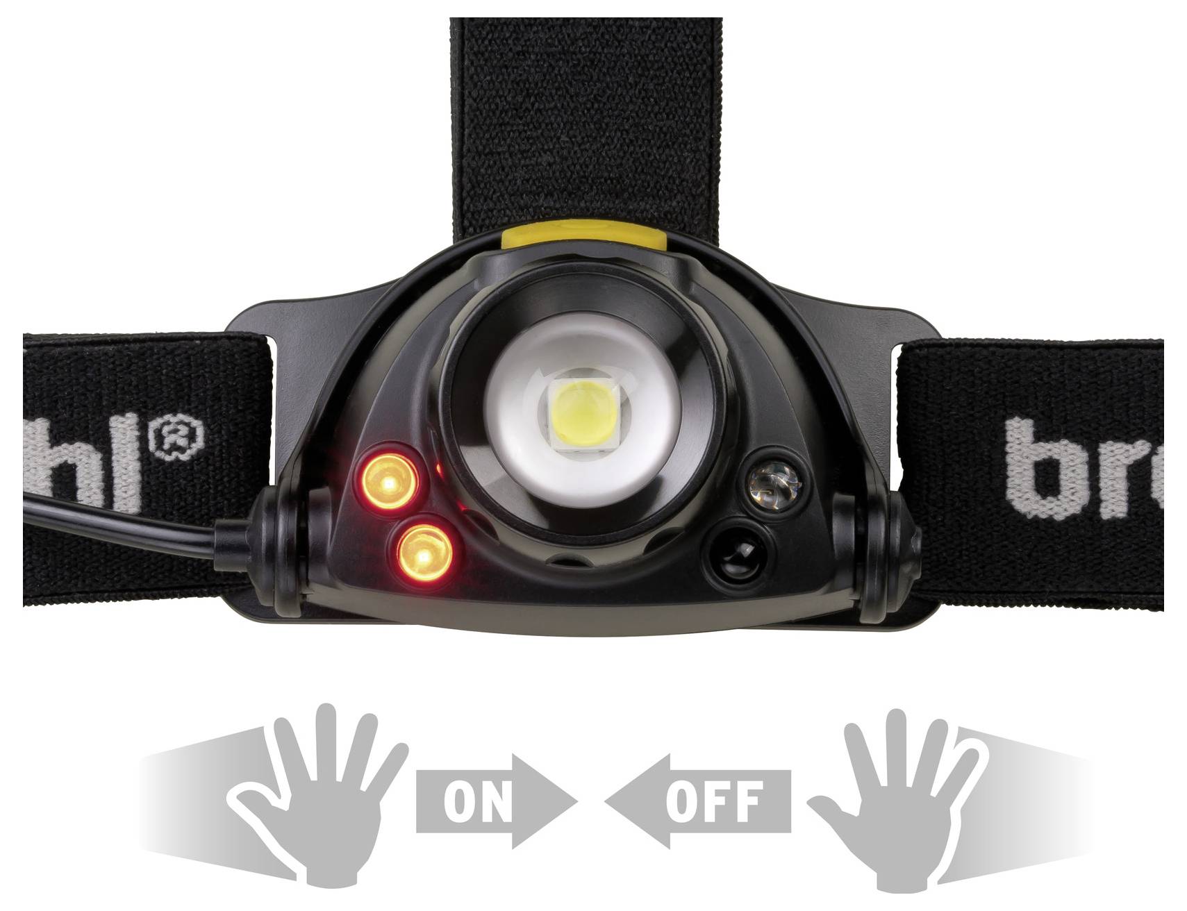 Hoofdlamp met centraal LED-licht, twee rode controlelampjes en een elastisch hoofdband. Symbolen geven "Aan" en "Uit" functies weer.