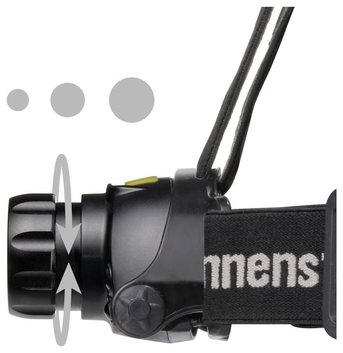 Zijaanzicht van een zwarte hoofdlamp met verstelbaar bandje, naast symbolen die aanpasbare helderheid of focus aangeven.