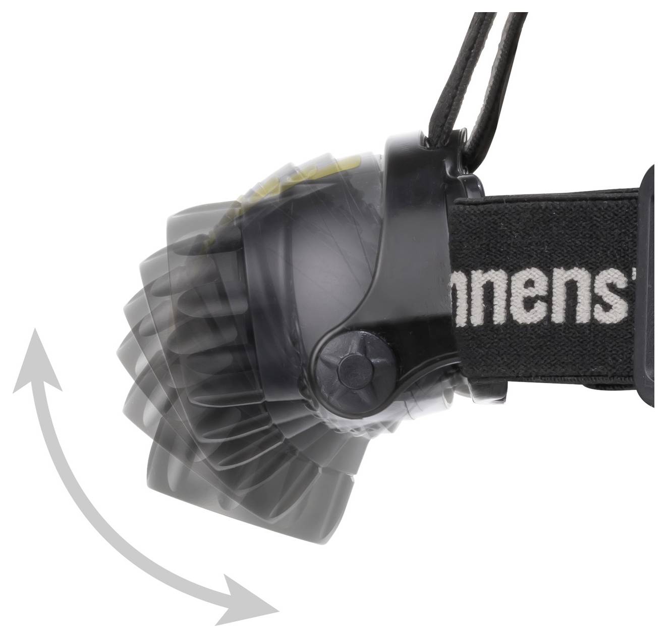 Een hoofdlamp met een verstelbare hellingshoek. Een pijl geeft de beweging van de lamp van beneden naar boven aan.