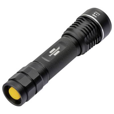 Zwarte handflitslamp met gestructureerde grip en zoomkop, weergegeven op een witte achtergrond.