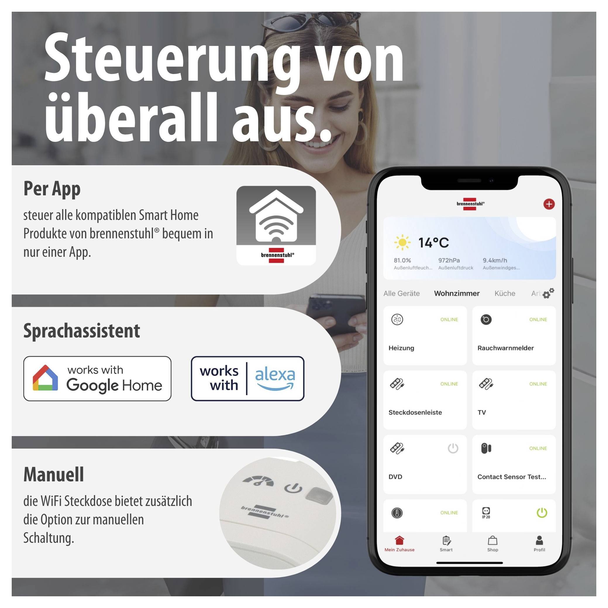 Brennenstuhl 1294880 1294880 Smart WiFi-stopcontact WiFi Binnen, Thuis 3680 W-4
