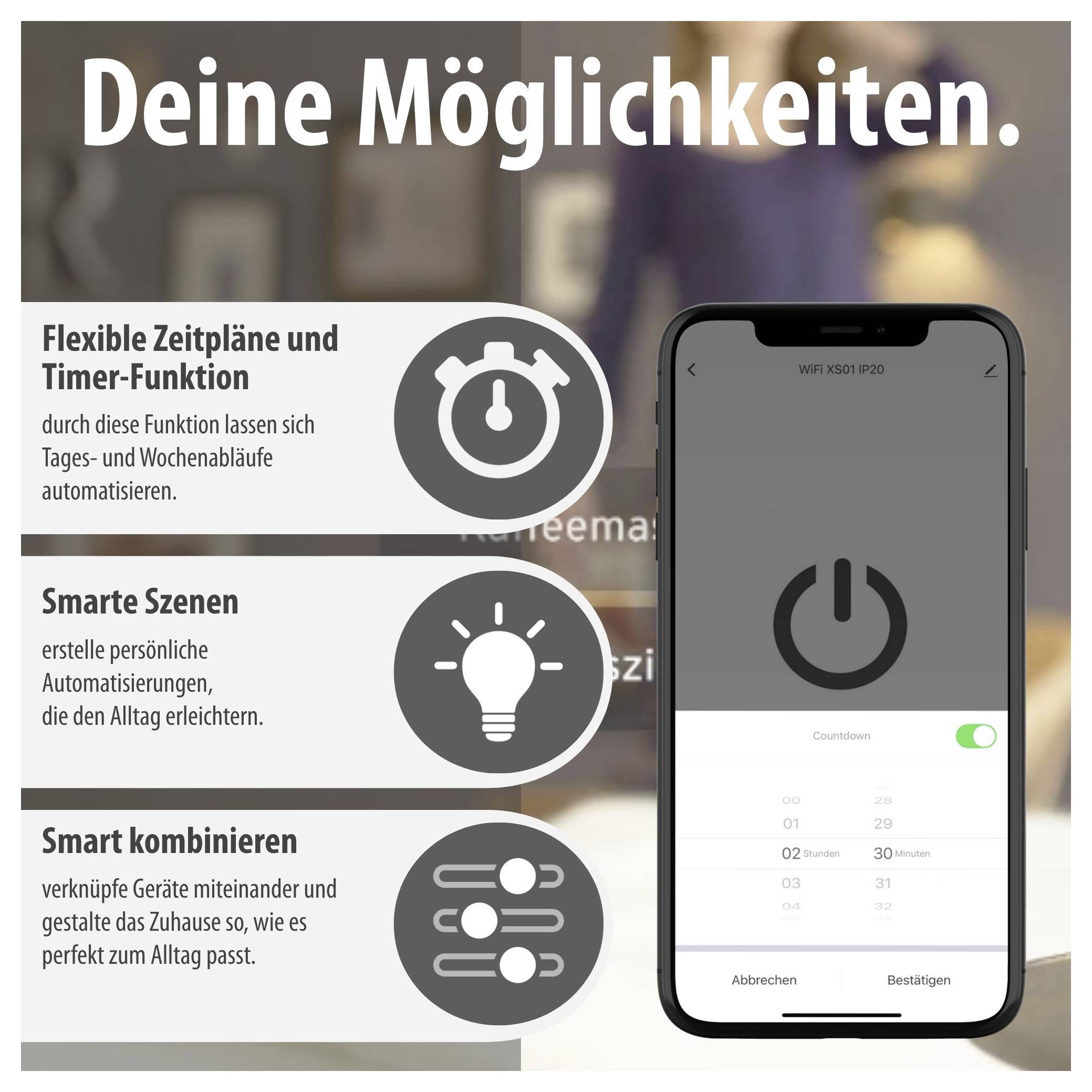 Advertentiegrafiek voor Smart-Home-functies: links de punten 'Flexibele schema's en timerfunctie', 'Slimme scènes' en 'Slim combineren'; rechts een smartphone met schakelaar- en timer-app.