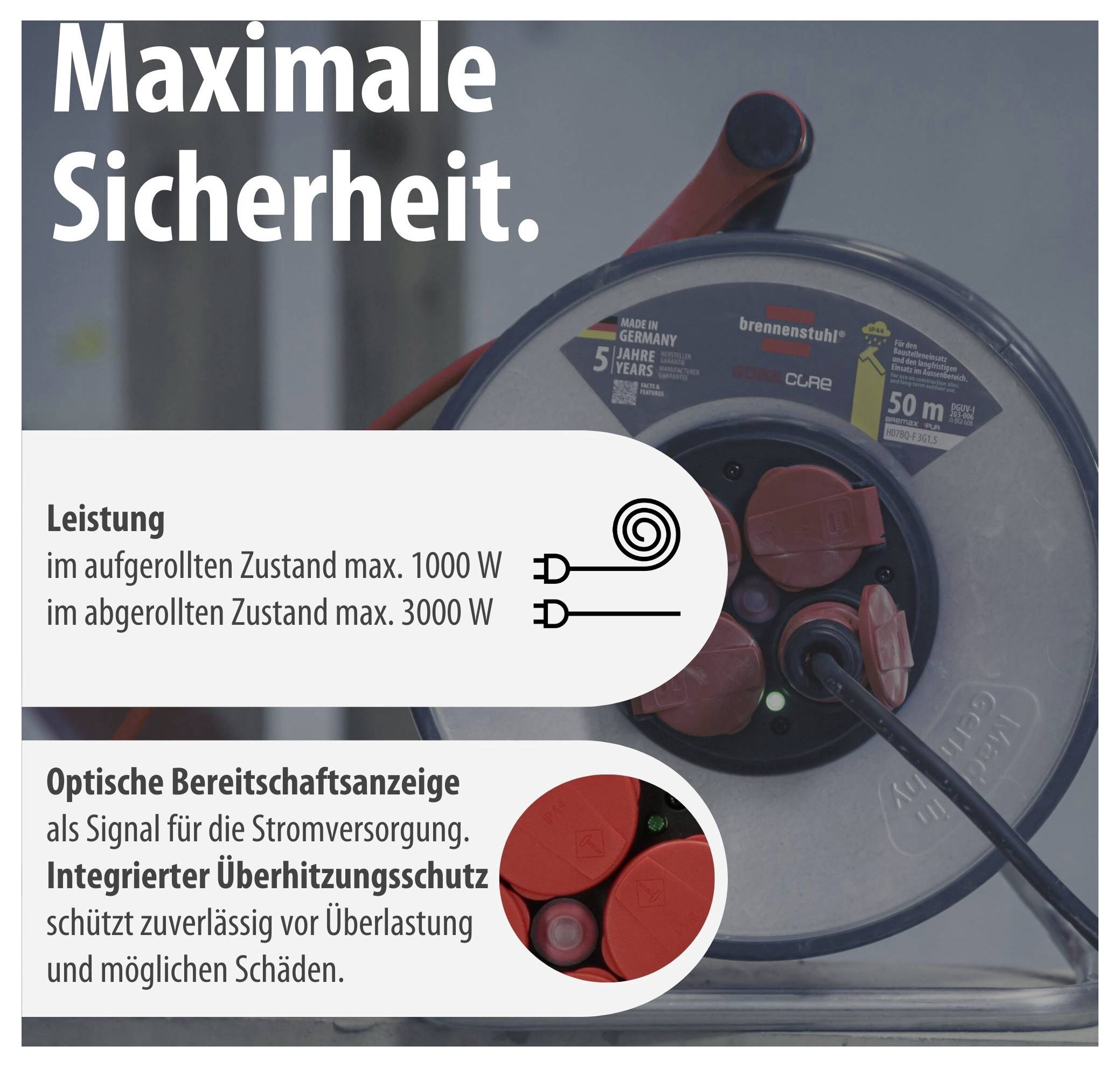Reclameboodschap voor een kabelspoel: 'Maximale veiligheid'. Nominaal vermogen 1000 W opgerold, 3000 W afgerolld; optische bedrijfsgereedschapsindicator en geïntegreerde oververhittingsbeveiliging.