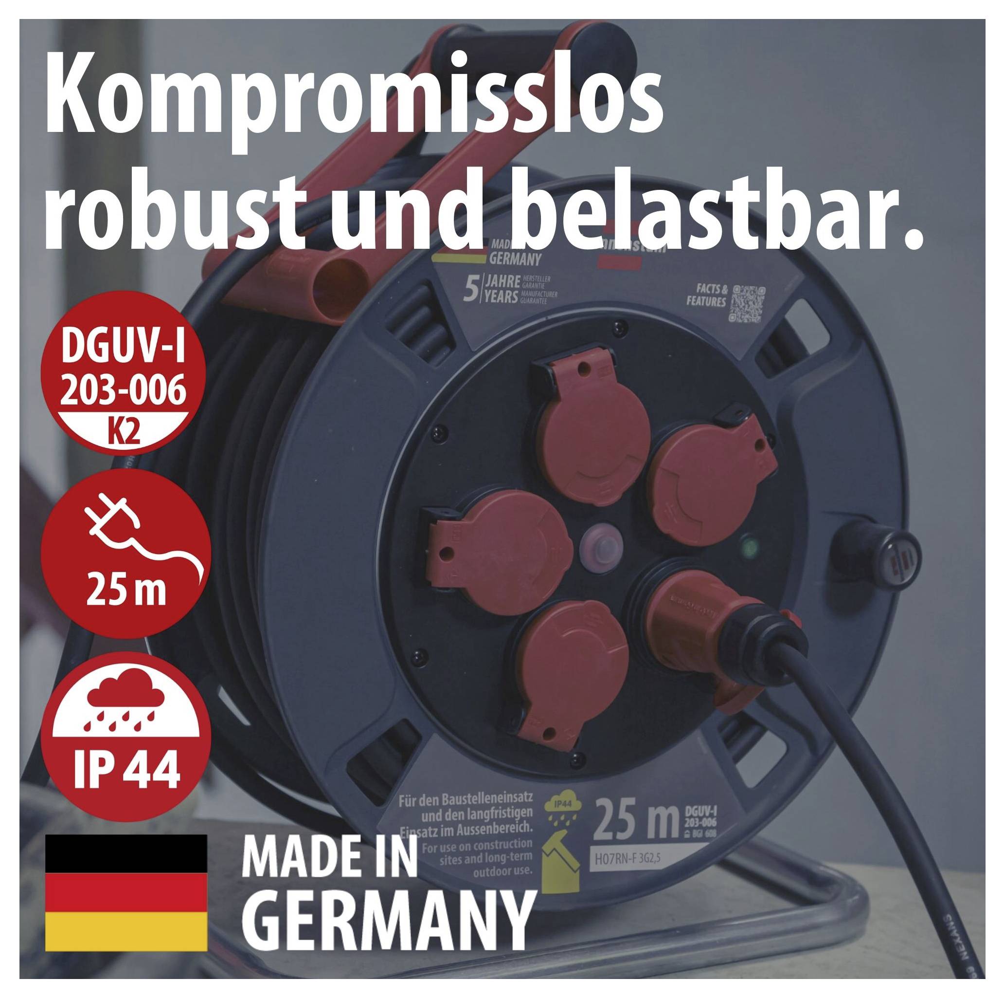 Robuuste kabelrol met vier stopcontacten, 25 m kabellengte, IP44 en 'Made in Germany'; Tekst: 'Onverminderd robuust en belastbaar.'