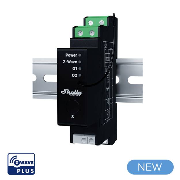'Zwart Shelly relaismodule voor DIN-railmontage, Z-Wave Plus compatibel, met aansluitingen voor voeding, Z-Wave, O1 en O2.'